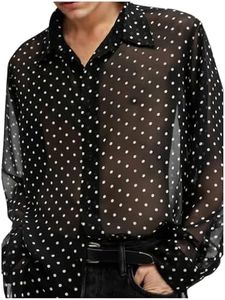 WDIRARA Men's Sheer Mesh See Through Glitter Button Front Long Sleeve Shirt Tops Black White Polka Dots X-Large