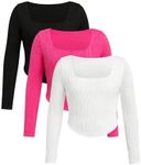 Floerns Girls 3 Pcs Solid Ribbed Knit Square Neck Long Sleeve Tee Shirts Crop Tops White Pink Black 12Y