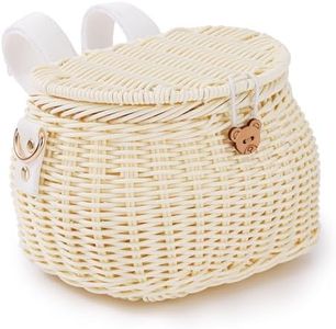 SVNR Kids Bike Basket, Bike Basket Front, Bicycle Baskets for Boys and Girls, Handwoven Backpack with Lid Shoulder Strap, Rattan Front Handlebar Baskets, Beige