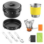 Anbte 12pcs Camping Cooking Set, Non-Stick Camping Pots and Pans Set with Mini Stove Stainless Steel Utensils, Lightweight, for Camping, Backpacking, Outdoor Cooking, Camping Cookware for 1-2