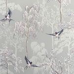 Arthouse Japanese Garden Grey Wallpaper - Hand Drawn Oriental Trees - Birds on a Soft Grey Background - Handrawn Pattern - Pearlescent Highlights adds Texture - Create a Relaxing Effect - 908105