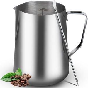 WELKOR 60oz Milk Frothing Pitcher with Latte Art Pen-Stainless Steel Steaming Jug for Espresso, Cappuccino & Coffee-Heat-Resistant, Dripless Spout, Measurement Scale, Dishwasher Safe (1800ml/60oz)