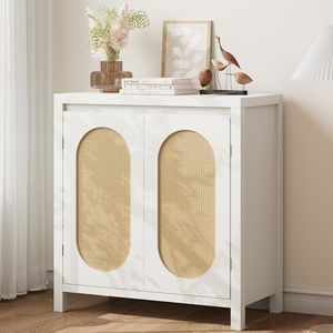 Garvee Mid Century Sideboard Buffet - 30" Retro Storage Cabinet with Rattan Doors & Adjustable Shelves, Boho Chic Accent Console for Living Room, Dining Room (White)