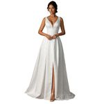 Bride Wedding dress of Elegant Royal Style,2024 Summer Beach Wedding Gown Simple Series,Summer Wedding Guest Dress Front Slit, White866, Small Tall