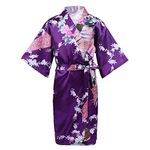 Choomomo Kids Girls Floral Peacock Silk Satin Kimono Robe Bathrobe Night Gown for Spa Party Bathing Suit Sleepwear Purple 9-11 Years