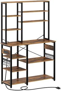 Rolanstar Baker's Rack, 10-Tier Kitchen Utility Storage Shelf with 15 Hooks, Large Kitchen Rack with Power Outlet, Microwave Oven Stand, Stable Coffee Bar, Rustic Brown