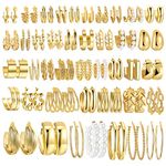 42 Pairs Gold Hoop Earrings Set for Women, Fashion Chunky Pearl Earrings Multipack Twisted Statement Earring Pack, Hypoallergenic Small Big Hoops Earrings for Birthday Party Christmas Jewelry Gift