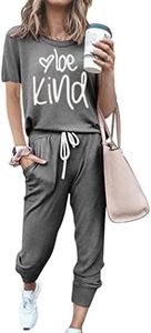 PRETTYGARDEN Women's Two Piece Outfit Short Sleeve Pullover with Drawstring Long Pants Tracksuit Jogger Set (Print Dark Grey,Small)