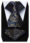 HISDERN Men's Tie Navy Blue Brown Paisley Tie Wedding Party Ties for Men Handkerchief Necktie & Pocket Square Set for Formal Business