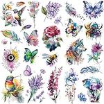 Tazimi 8 Sheets Large 3D Watercolor Temporary Tattoos For Women Girls-Colorful Flower Hummingbird Butterfly Realistic Long Lasting Fake Tattoo Stickers Waterproof Tattoos For Women Adult Body Art