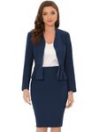 Allegra K Business 2 Piece Suit Set for Women's Long Sleeve Collarless Peplum Blazer Pencil Skirts Dark Blue L