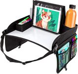 AMZ Kids Travel Tray for Car 16.5" x 1.97" x 13.39", Black Travel Car Table for Kids, Tablet iPad Holder Stand with Art Supplies Storage Pockets, Dry Erase Board & Eating Snack Tray, Kids Tray Table