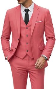YND Men's Slim Fit 2 Button 3 Piece Suit Set, Blazer Jacket Vest Pants and Tie, Solid Wedding Dress Tux and Trousers Pink