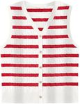 WIHOLL Vest for Women Cable Knit Button Up Striped Sweater Vest Tops Sleeveless Sweater Tank Top Fall Business Casual Outfits Summer Fashion 2024 Trendy White and Red Striped Shirt M