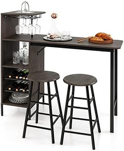 Giantex 3PCS Bar Table and Chair Set, Industrial Pub Table and Stools with Wine Glass Holders & 6-Bottle Wine Racks, Counter Height Dining Table Set for Living Room Dining Room Kitchen, Brown