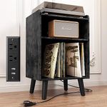 Record Player Stand, Turntable Stand with Record Storage and Charging Station & USB Ports, Record Player Table with Metal Divider, Record Stand Up to 120 Albums for Living Room, Bedroom Black