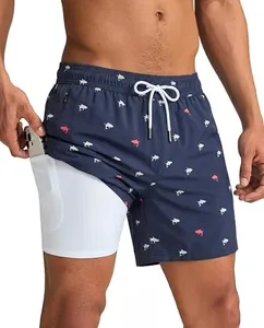 maamgic Mens Swim Trunks with Compression Liner 5 Inch, Quick Dry Bathing Suit with Zipper Pockets, Stretch No-Chafing Swim Shorts, Navy-Mini Shark XX-Large