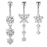 Crdifu 3pcs Belly Button Bars 10mm Silver 14G Navel Rings Surgical Steel Butterfly Heart Flower Dangle Belly Piercing Jewellery