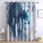 Bedroom Living Room Blackout Window Curtain 72x84 in, Dreamcatcher Feather Wolf Curtains Light Blue Bring Grommet-Thermal Insulated Dust-Proof, Anti-Fade Curtain, for Children's Room