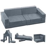 SOINMTY Kids Couch 9PCS, Building Block Sofa Modular Funiture for Kids, Playhouse Play Set for Toddlers, Modular Foam Play Couch Indoor Outdoor (24" D x 55" W x 16" H, Gray)