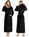 NY Threads Ladies Long Fleece Hooded Spa Bathrobe, Black, S