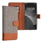 kwmobile Wallet Case Compatible with Google Pixel 7 - Case Fabric and Faux Leather Phone Flip Cover - Light Grey/Brown