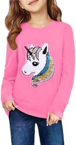 Arshiner Girls Tees Rose Red Long Sleeve T Shirt Flip Sequin Unicorn Crewneck Cotton Casual Tunic T-Shirts