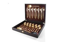 FNS Bianca 26 Pcs Gold Plated Premium Cutlery Set in Beautiful Leatherette Box Packaging (6 Dinner Spoon, 6 Dinner Fork, 6 Teaspoon, 6 Dinner Knives & 2 Serving Spoons)