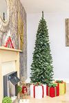 7Ft/2.1m Pre-Lit Artificial Slim Christmas Tree Green Pencil Tree, Pointed Tips, Metal Stand Cool White LEDs Lights Holiday Home Decorations