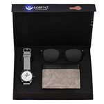 LORENZ Leather Gift Box Combo Of Men'S Grey Dial Analog Watch, Grey Wallet & Black Wayfarer Sunglasses, Cm-3034Sn1-Wl-25