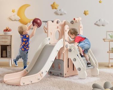 BIERUM 7 in 1 Toddler Slide, L-Shaped Kids Slide for Toddlers Age 1+ with Basketball Hoop and Ball, Ring Toss, Storage Space, Outdoor Indoor Slide Playset Toddler Playground Easy Assembly Pink Gray