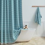 BTTN Boho Farmhouse Shower Curtain - Linen Rustic Heavy Duty Fabric Shower Curtain Set with Tassel, Water Repellent, Bohemian Vintage Country Cloth Shower Curtains for Bathroom, Teal/Turquoise, 72x72