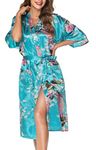 Lovasy Peacock and Blossoms Silk Dressing Gown for Women UK Kimono Dressing Gowns Satin Kimono Robe,Lake Blue,XL