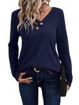 YSYOKOW Womens Long Sleeve Shirts Dressy Casual V Neck Tops Basic Loose Blouses Tunic(Navy Blue, Small)