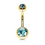 PiercedOff 316L Surgical Steel Gold Tone IP Belly Bar with Aqua CZ Balls - Thickness 14GA (1.6mm) / Length 10mm / Ball Sizes 5mm Top Ball and 8mm Lower Ball