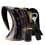 FENRIR Premium Viking Natural Drinking Horn Mug Authentic Food Grade with Short Glass and Bottle Opener for Ale Beer Cold Drink (16-Oz Size -6.5 Inch) Colour:- Natural Shine Polished