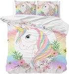 MUSOLEI Unicorn Bedding Kids Duvet Cover Sets Double Rainbow Star Bedding Set for Boys Girls Pink Flower 200x200cm Zipper Quilt Bed Cover and 50x75cm Pillowcase Watercolor Soft Multi-Colour Gift