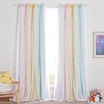 NICETOWN Rainbow Curtains Star Cutout Kids Room Blackout Curtain Starry Drapes Overlapped with Tulle, Romantic Princess Decor for Sliding/Patio Door (2 Panels, W52 x L63, Warm Rainbow, 4 Tiebacks)