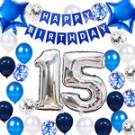 15th Birthday Party Decoration for Boys, Happy Birthday Banner Blue Number 15 Birthday Balloons 15th Birthday Latex Confetti Balloon for Boys Him Son 15 Years Old Birthday Decoration Supplies(15th)