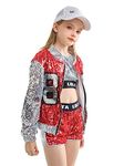 LOLANTA Hip hop Dance Costumes Girls Dancing Outfits Sequin Shorts Set Sequin Jacket Kids Stage Performances (Red, 8-10)