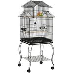 PawHut 53.9'' Large Rolling Steel Bird Cage Bird House with Detachable Rolling Stand, Storage Shelf, Wood Perch, Food Container, Black