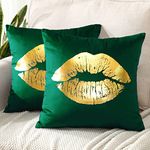 JOTOM Set of 2 Velvet Cushion Covers 45x45 cm Square Soft Decorative Throw Pillow Covers Modern Bronzing Lips Pattern Pillow Case Cushion Cover for Living Room Sofa Bed Couch Car Decor (Army Green)