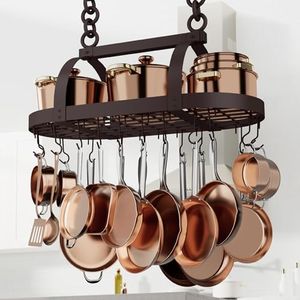KES 34 Inch Oiled Bronze Hanging Pot Rack, Heavy Duty Oval Pot and Pan Hanging Rack Ceiling Mount, Pot Pan Hangers for Kitchen with 20 Hooks, (For 16" and 24" Joist Mount), KUR221S85-OB