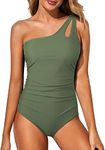 Wantonfy One Piece Swimsuit Swimming Costume Women One Shoulder Swimsuit Tummy Control Bathing Suits Swimwear Green