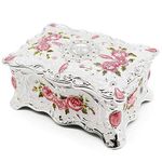 AVESON Luxury Vintage Rectangle Metal Alloy Jewelry Box Trinket Organizer Storage Box with Rose Pattern for Women, Girls, Two-Layer Design, White & Pink