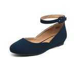 DREAM PAIRS Women's Revona Navy Suede Low Wedge Ankle Strap Flats Shoes - 9 B(M) US