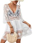 Bsubseach Bathing Suit Cover Up for Women V Neck Sexy Bikini Beach Cover Up Lace Dress Vacation Swimsuit White