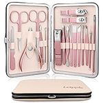 Manicure Set Professional Pedicure Nail Clippers Kit - 18 pcs Nail Care Tools - Grooming Kit with Luxurious Upgraded Travel Case (Beige/Pink)