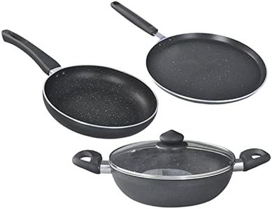 Prestige Omega Deluxe Granite Aluminium 3 Pcs Set- Tawa, Fry Pan & Kadai with 1 Glass Lid|Non-Stick|Spatter-Coated Surface|Induction & Gas Compatible|Black