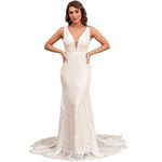 QIAIYALA Boho Lace Wedding Dresses for Bride Long Mermaid Bohemian V-Neck Backless Beach Bridal Wedding Gown with Train, Ivory, 4